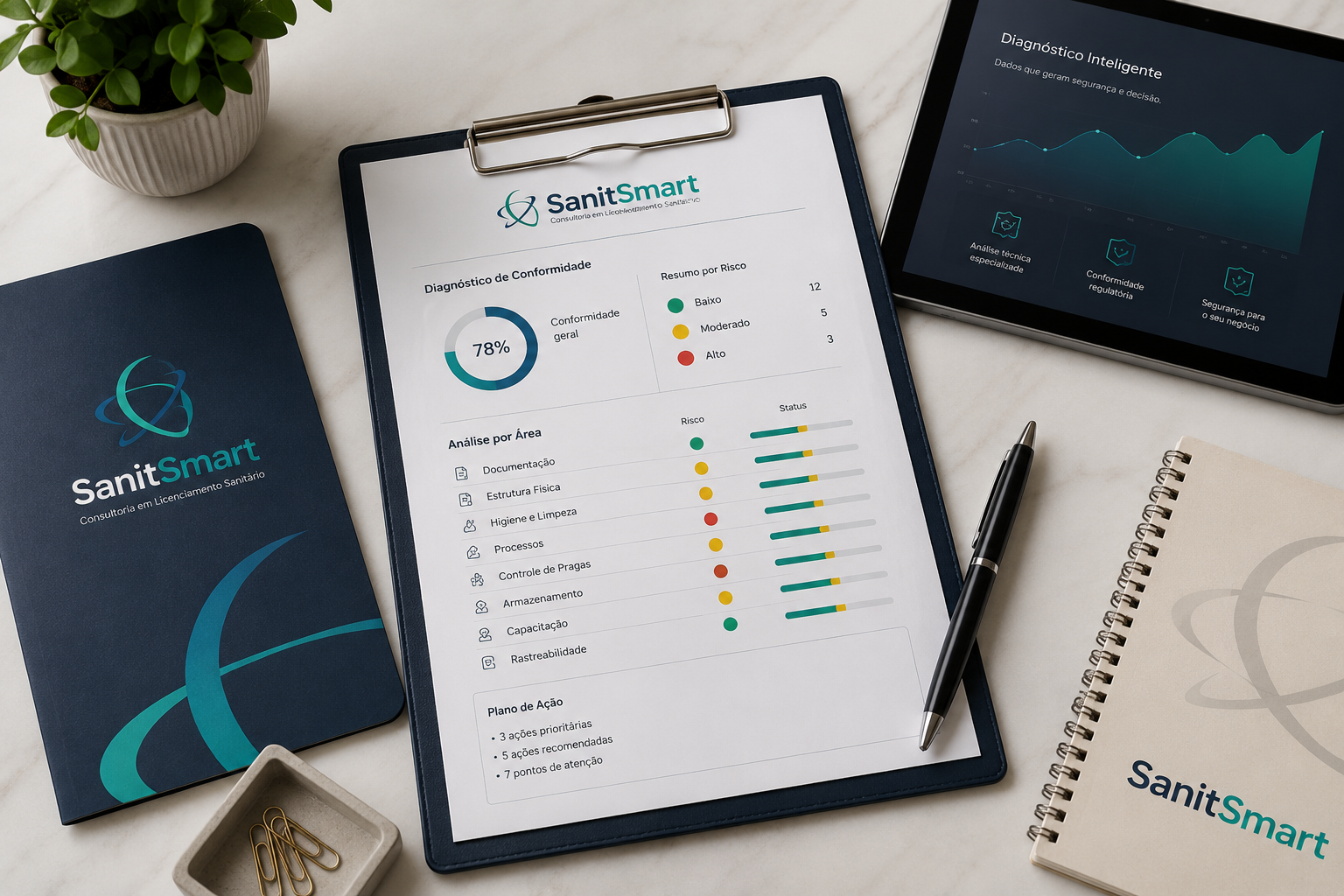 Diagnóstico de Conformidade Sanitária da SanitSmart apresentado em uma prancheta e em um painel digital